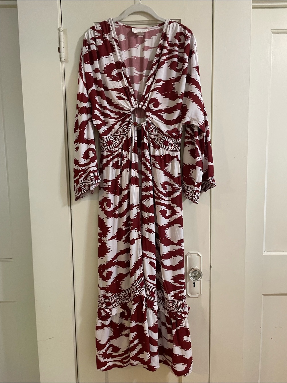 Anthropologie Burgundy and White Ring-Detail Maxi Dress